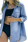 Pocketed Collared Neck Long Sleeve Denim Top
